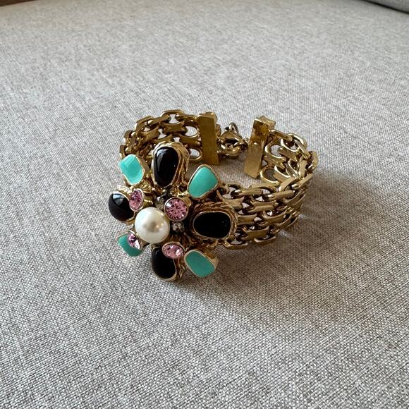 CHANEL Gold Plated Chainlink Gripiox Bracelet Pearl Gem Embellished CC Char - Picture 5 of 7